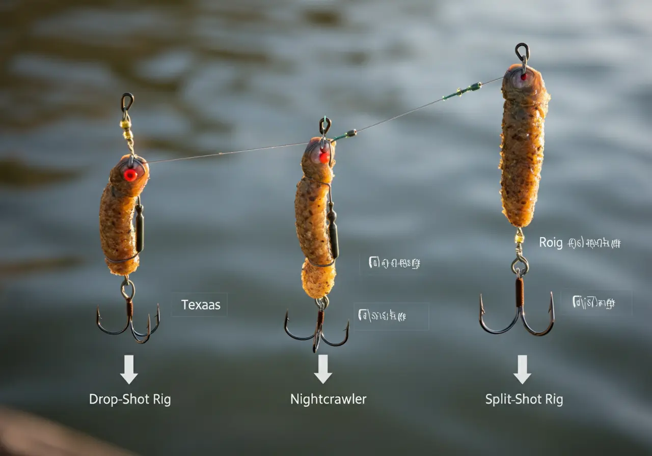 Nightcrawlers for Bass: Top Rigs, Tips, and Proven Techniques 1 Diagram showing Texas rig, Drop-shot, and Split-shot rigging for nightcrawlers