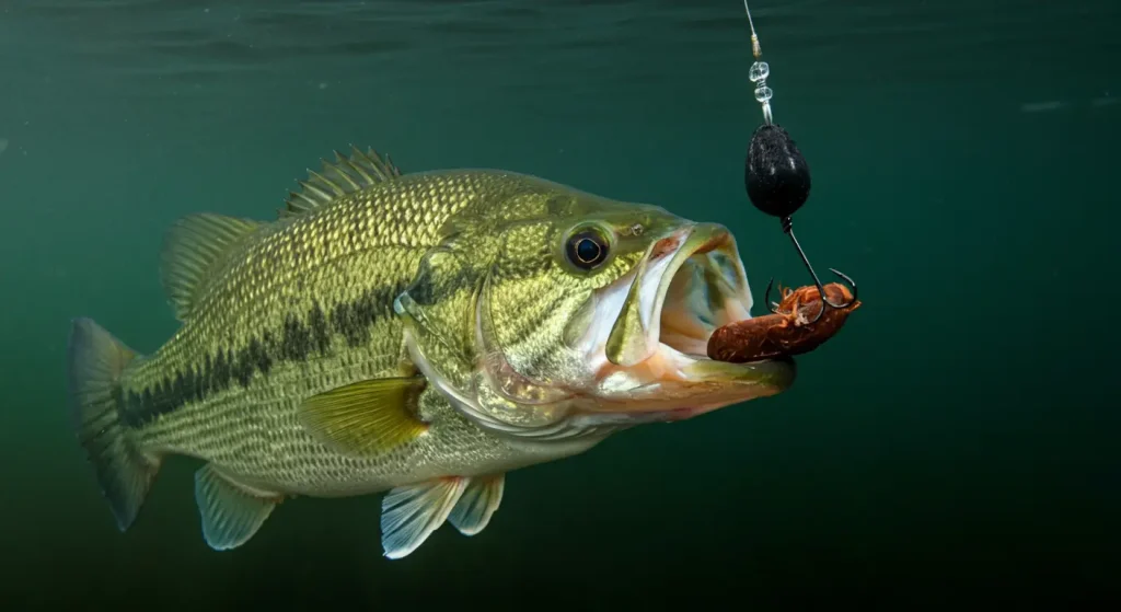 Underwater view of a largemouth bass approaching a live nightcrawler on a Texas rig