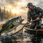 Angler catching trophy big bass in misty waters