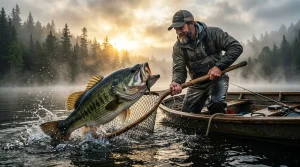 Angler catching trophy big bass in misty waters